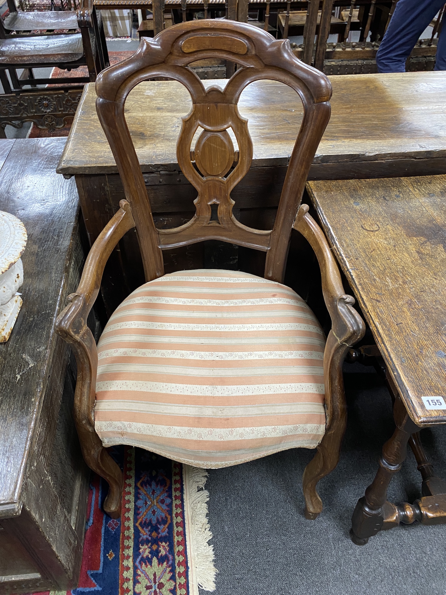 A pair of French elbow chairs, width 55cm, height 104cm